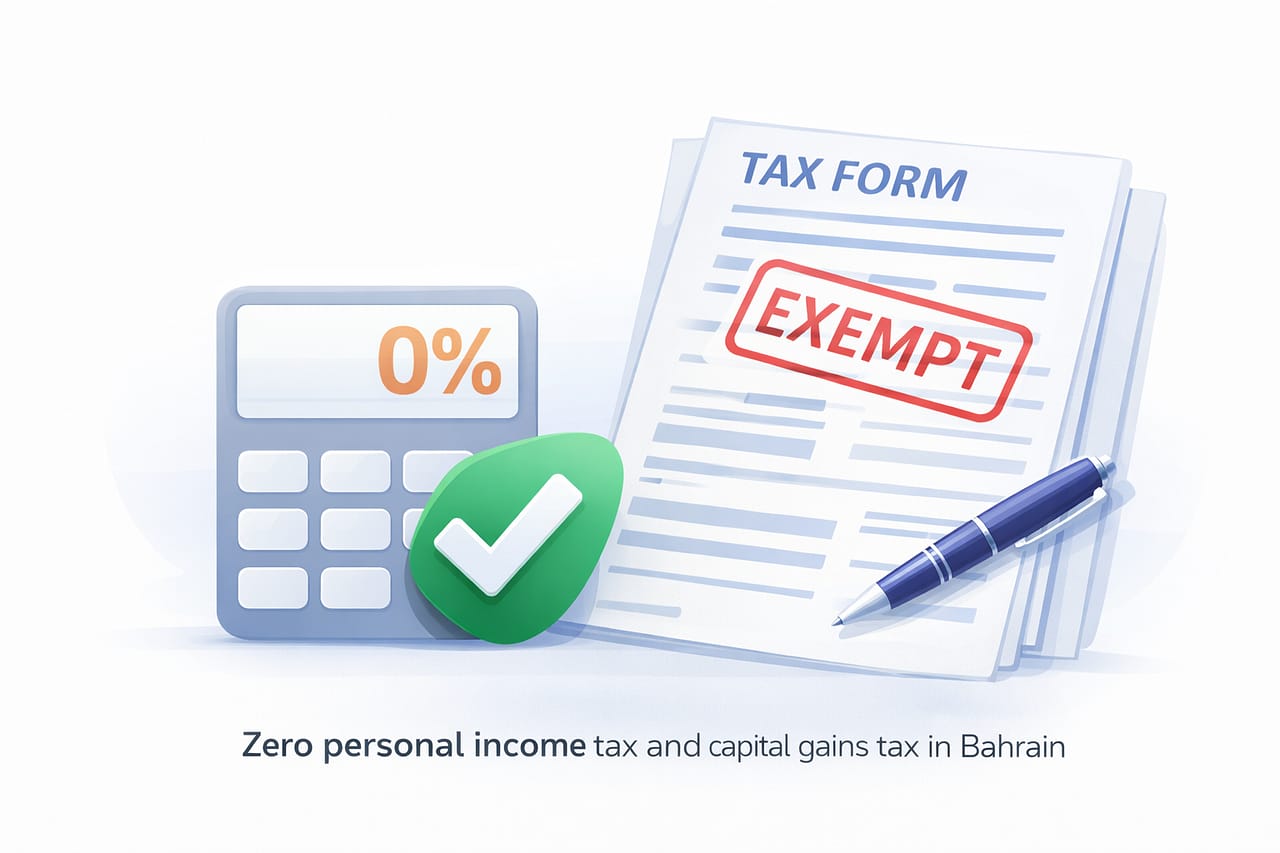 Zero personal income tax and capital gains tax in Bahrain illustrated with a calculator showing zero percent and tax documents marked exempt