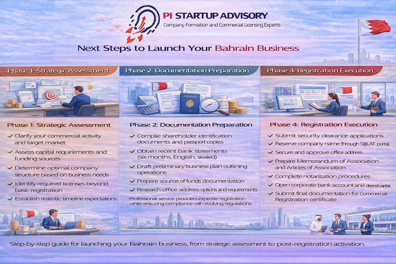 Infographic outlining the next steps to launch a business in Bahrain, including strategic assessment, documentation preparation, registration execution, and post-registration activation