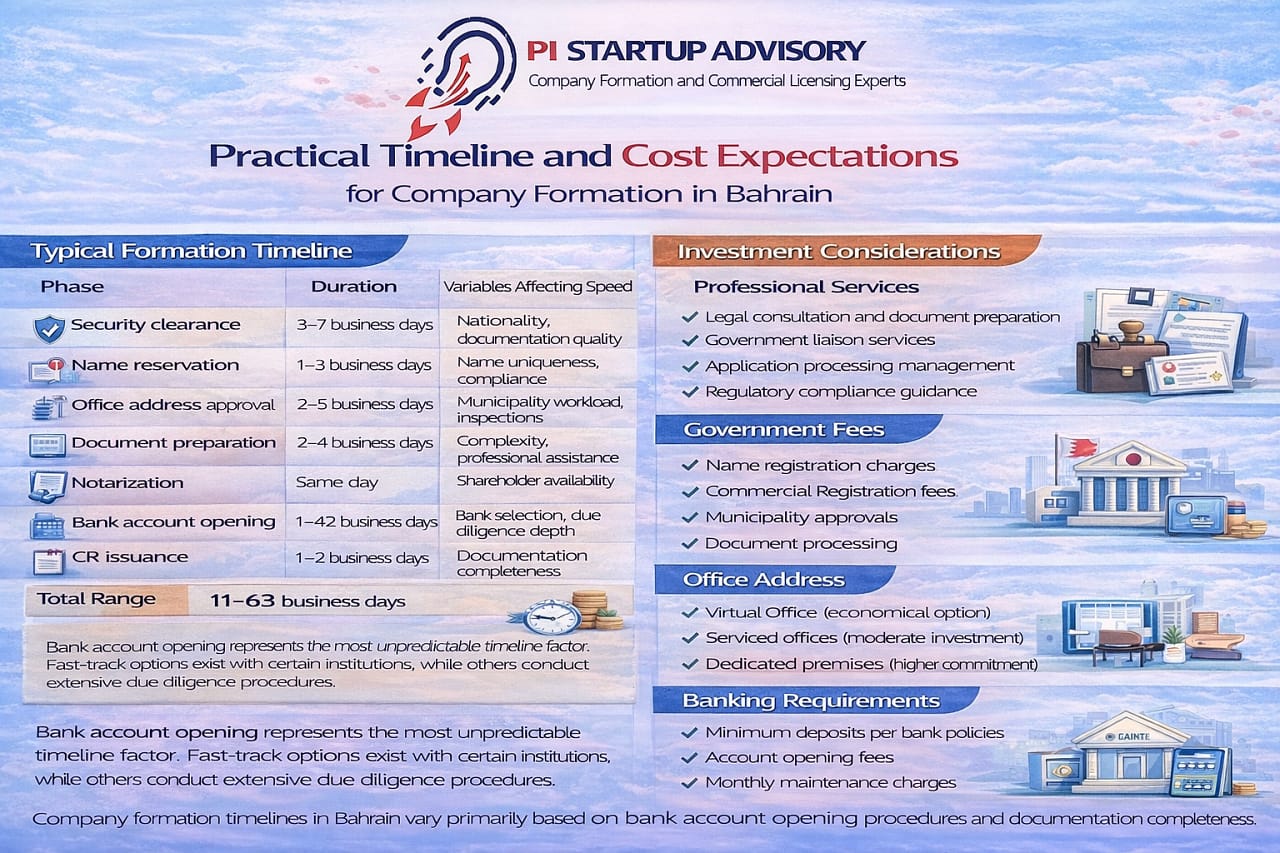Practical timeline and cost expectations for company formation in Bahrain showing registration phases, processing durations, and investment considerations