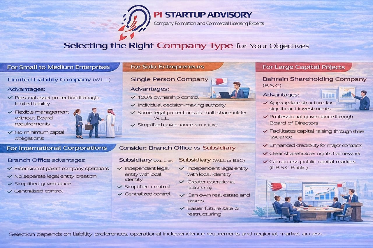 Infographic showing how to select the right company type in Bahrain for SMEs, solo entrepreneurs, international corporations, and large capital projects.